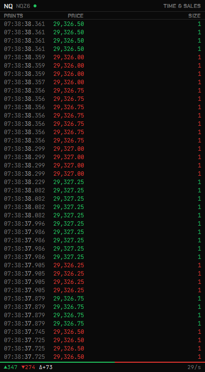 The tape in Prints mode: time, price and size in the aggressor’s colour, with the last thirty seconds of buying, selling and delta in the footer.